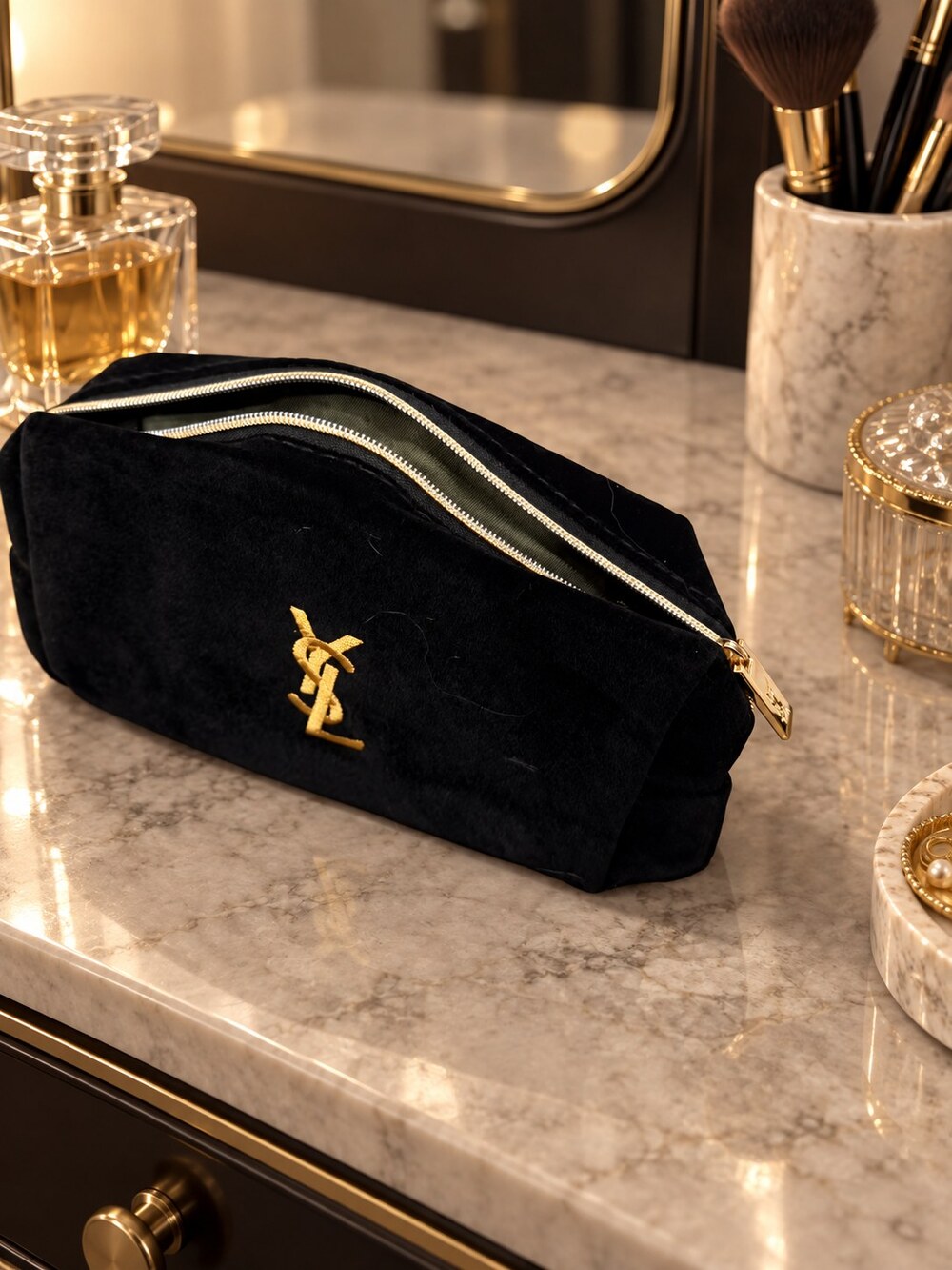 Yves Saint Laurent Black Velvet Makeup Bag | Velvet Cosmetic Organizer - Picture 2 of 6